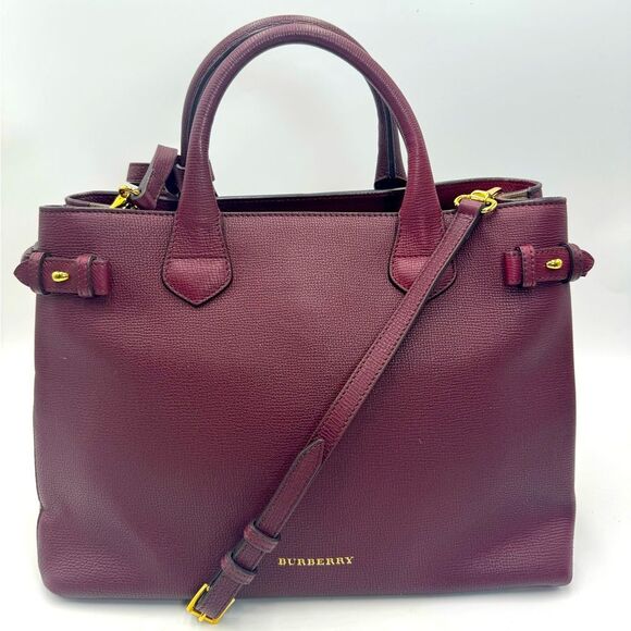 Auth Burberry Elderberry Leather Nova Check Medium Banner Tote Bag Preloved Ex++ - Picture 1 of 16